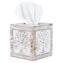 Load image into Gallery viewer, Wood Carved Tissue Box Cover Whitewashed Tree of Life Design
