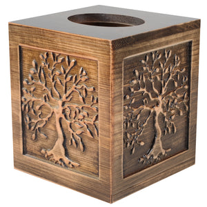 Wood Carved Tissue Box Cover Square Bronze Tissue Holder Lacquered Tree of Life Design