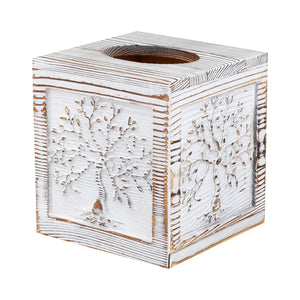 Wood Carved Tissue Box Cover Whitewashed Tree of Life Design