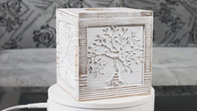 Load and play video in Gallery viewer, Wood Carved Tissue Box Cover Whitewashed Tree of Life Design
