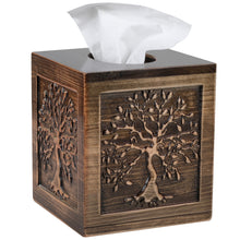 Load image into Gallery viewer, Wood Carved Tissue Box Cover Square Bronze Tissue Holder Lacquered Tree of Life Design
